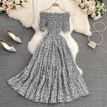 오프숄더 스모크 원피스 플라워 프릴 러플 해변 휴가 플레어 바캉스룩