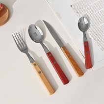 카페 우드핸들 빈티지 커트러리 2color 홈카페 캠핑 디너 스푼 포크 나이프 양식기 세트, 커트러리 4종 세트(네추럴 우드)