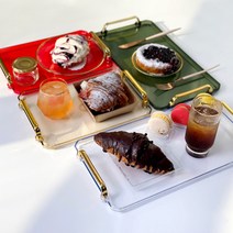 홈카페 투명 아크릴 손잡이 사각 쟁반 감성 카페 디저트 골드 인테리어 트레이, 브라운