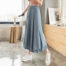 여자 쉬폰 플리츠 치마 바지 8부 9부 나팔 와이드 밴딩 여름 옆트임 초록 소라색 검정