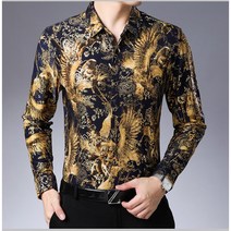 POMTOR 꽃무늬 건달 셔츠 긴팔 남성 용 패턴 남방 유니크 레트로 봄 가을 중년