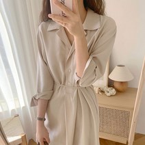 CHIC 가을 프렌치 심플 카라넥 쓰리버튼 스트랩 허리보정 보여 슬림 트임셔츠 식 원피스 여성
