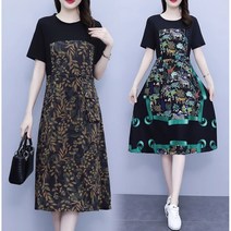 풍기인견원피스 중년 빅사이즈 엄마옷 여름 프린팅 라운드넥 반팔 미디 나염