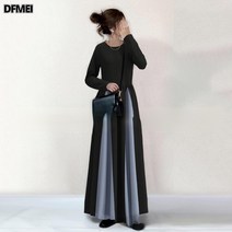 DFMEI 가을 겨울 라운드 넥 긴팔 스티치 슬림 롱 대비 컬러 원피스