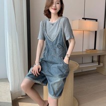 멜빵바지 청 반티 작업복 슈트 레트로 데님 바지 여자여름 연령 감소 높은 허리 와이드 레그 반바지 점프