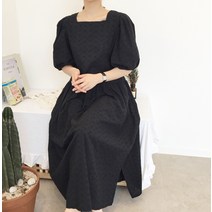 스퀘어넥 퍼프 자수 아일렛 펀칭 롱 원피스
