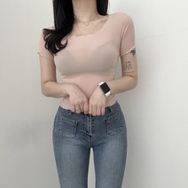 VANANA2 여성 데일리 라운드 날라리 포인트 무지 슬림 쫀쫀 스판 반팔 티셔츠