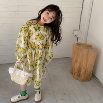 소소키즈 여아 노랑꽃 셔링 롱 원피스 유아 아동 키즈 주니어 봄 가을 아동복 플라워 치마 드레스