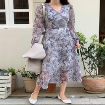 바보사랑 여자 가을 브이넥 나염 쉬폰 나들이 롱 원피스.옷자락(무료배송)