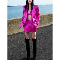 면접복장 승무원 정장 치마 오피스룩 여성용 하이 스트리트 피크 라펠 싱글 브레스트 새틴 파티 무도회 캐주얼 슬림 핏 숏 블레이저 및 패션 피스