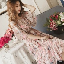 가바바 여성 원피스 하늘하늘 쉬폰 플라워 뒷리본끈 포인트 여름 롱원피스 G49452