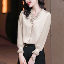 여성용 봄 패션 긴팔 실크 쉬폰 셔링 우아한 블라우스 오피스룩 레이스 프릴 셔츠 의류