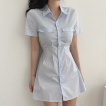 [랜덤플레이]카라넥 허리 슬림 반팔 미니 셔츠 원피스