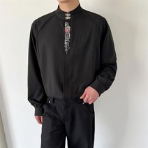 남자헨리넥셔츠 봄 차이나 셔츠 꽃자수 스탠드 칼라 버클 셔츠 Y11