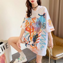 K.ONLINE SHOP여성 후드 반팔티 배색 프린트 루즈핏 여름박스티jw54 후드티 후드집업 가디건