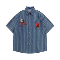 빈티지 고양이 자수 세로 줄무늬 반팔 셔츠