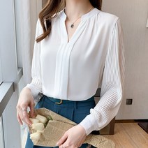 여성 봄 긴팔 블라우스 전문 착용 V 넥 흰색 셔츠 가 커버 배꼽 쉬폰