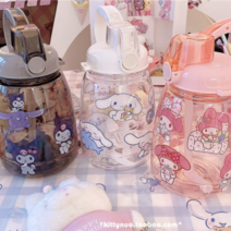 산리오 마이멜로디 쿠로미 빨대물통 캐릭터 물통 휴대용 유치원 물통 귀여운 피크닉 실리콘, 시나몬롤