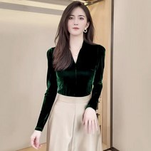 초록색블라우스 패션 우아한 v 넥 긴 소매 벨루어 셔츠 한국 streetwear 여성 슬림 벨벳 블라우스 가을 기본 빈티지 탑스