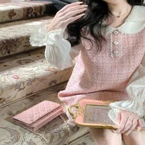 가을 데이트 트위드원피스 돌잔치 하객룩 상견례 추석 미니 드레스 원피스 여성용 우아한 파티 귀여운 핑크 스커트 트위드 페이크 세트 축제 의상 한국 스타일 봄 여름