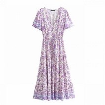 여성 보라색 꽃 프린트 비치 보헤미안 레이온 맥시 드레스 숙녀 브이넥 버튼 Dress
