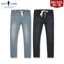 핫코드 남성용 허리 스판 일자 여름 밴딩 청바지 HC8108