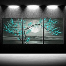 iKNOW FOTO 3피스 그레이와 틸 플로럴 캔버스 프린트 액자 매화 나무 유화 갤러리 랩 보름달 꽃 사진 거실 전통 그림 12x16x3피스, 12x16inchx3pcs