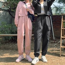 잇진 여성 심플 스트릿 바람막이 카고 조거 팬츠 세트