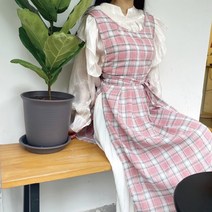 선도스토어 [이거찜] 국내 린넨 롱원피스 앞치마 체크무늬 어린이집 방수, 러블리체크앞치마 옐로우