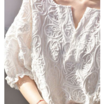 단미들 [2XL 사이즈입고] 퓨어 아일렛 자수 레이스 면 린넨 블라우스 반팔 티셔츠 다소미얼