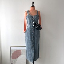 데님 중청 면 멜빵 롱 원피스 하트넥 뷔스티에 레이어드 단추 S-L
