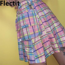 Flectit-파스텔 레인보우 체크 카고 스커트 체인 & 오버사이즈 포켓 플리츠 미니 스커트 여성용 하라주쿠