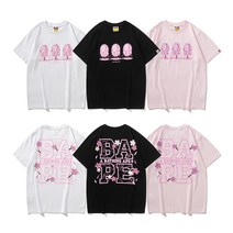 BAPE tide 브랜드 고급 티셔츠 일본 핑크 벚나무 덤불 원숭이 머리 패턴 인쇄 라운드 넥 풀오버 남성과 여성 느슨한 반팔