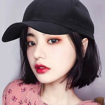 SEVE 모자 중단발 가발 30-45cm, 45cm, 화이트 모자 블랙 가발