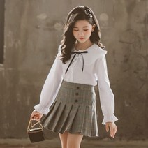 슈슈아리 잇츠 블랑 체크 치마 세트 주니어 여아 초딩 투피스 블라우스 주름치마 스쿨룩 하객룩