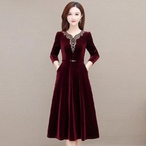 Makone여성 롱 원피스골드 벨벳 원피스 여 추동 브이넥 슬림핏 조거 블랙 스커트
