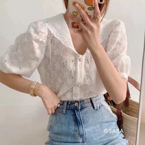 2022 여름 베이비돌 칼라 자수 펀칭 싱글 슬리브리스 셔츠 블라우스