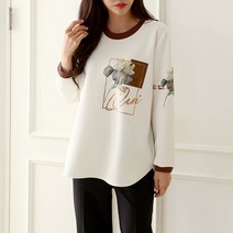 코지 여자 플라워 싸인 프린팅 배색 디테일 블라우스