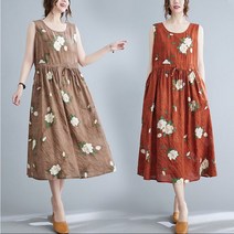 중년 여성 여름 라운드넥 면 린넨 허리 스트링 빅플라워 민소매 나시 롱 원피스 휴양지룩 바캉스룩 홈웨어 홈드레스 외출복