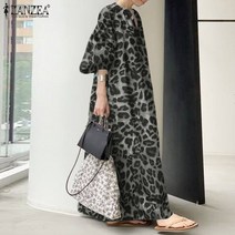 여성 패션 캐주얼 레오파드 프린트 3/4 슬리브 롱 셔츠 드레스 홀리데이 헐렁한 카프탄 맥시 선드레스 롱원피스