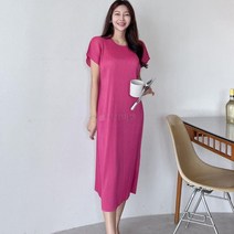 여성 통소매 주름 라운드넥 일자 반팔 피서 롱원피스
