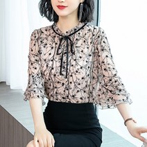 kirahosi 여름 가을 여성 벌룬 소매 쉬폰 셔츠 도트 박시 리본 상의