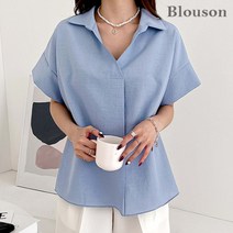 [블루종] 앞주름 카라넥 반팔 블라우스_B2304BL083B