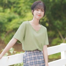 여름 새로운 V 넥 반팔 티셔츠