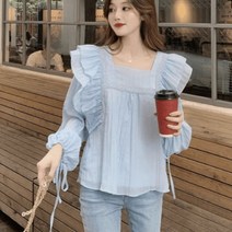 [바보사랑] 여성 남방 셔츠 여름 블라우스 스퀘어넥 슬리브 프릴