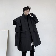 힙한 남자 빅사이즈 오버핏 블랙 반코트 가을 겨울 하라주쿠 연예인 ST 코트 코디
