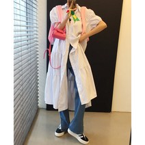 칵테일 스트라이프 카라 벨트세트 A라인 벌룬 반팔 캉캉 롱 셔츠 원피스 (2color)