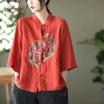 중국풍 복고 버클 중년 여성 린넨 루즈핏 자수 개량 생활 한복 상의