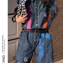 여성 여름 얇은 데님 점프수트 특히한 디자인 프린트 찢청 루즈핏