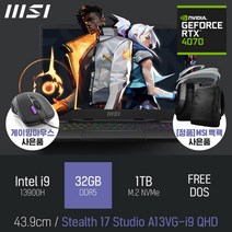 MSI Stealth 17 Studio A13VG-i9 QHD [이벤트 한정특가 / 사은품증정], FREE DOS, 32GB, 1TB, 코어i9, 블랙